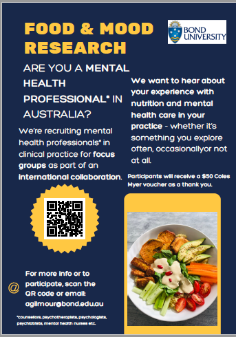 Food Mood Doctor (@foodmooddoctor) on Twitter photo Are you a mental health professional in clinical practice in Aus or NZ and interested in being involved in our research on experiences of nutrition & mental health care in your practice (whether you explore it often, occasionally, or not at all)?
email agilmour@bond.edu.au Are you a mental health professional in clinical practice in Aus or NZ and interested in being involved in our research on experiences of nutrition & mental health care in your practice (whether you explore it often, occasionally, or not at all)?
email agilmour@bond.edu.au