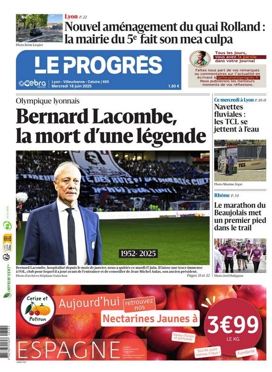 🗞️☕ A la Une du Progrès ce matin 
⚫ Bernard Lacombe, la mort d'une légende
Tous nos articles et les hommages en direct sont à retrouver ici ➡️ l.leprogres.fr/Qkk