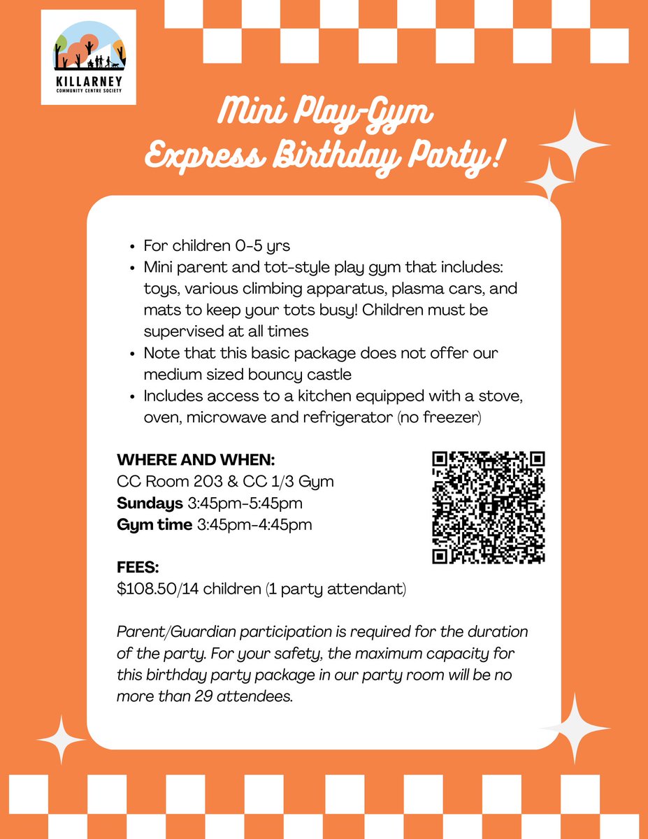Looking for the perfect spot for your child's birthday? Check out our party packages! The **Regular Party** (ages 2–8) includes a bouncy castle, while the **MINI Express Party** (ages 0–5) does not. Visit vanrec.ca or scan the QR code to learn more. Join the fun