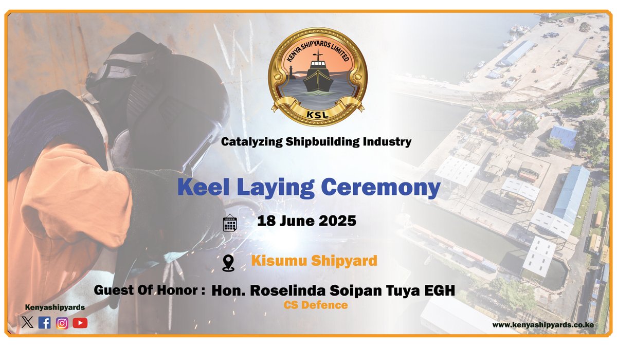 Kenya Shipyards Limited (@kenyashipyards) on Twitter photo Kisumu Shipyard is set to host Cabinet Secretary Defence <a href="/SoipanTuya/">Soipan Tuya E.G.H</a> accompanied by <a href="/HassanAliJoho/">Hassan Ali Joho, EGH.</a> and other State Officials for the <a href="/Kenya_Ports/">Kenya Ports Authority</a> 29m shallow draught ferry keel laying ceremony today 18 Jun 25. Kisumu Shipyard is set to host Cabinet Secretary Defence <a href="/SoipanTuya/">Soipan Tuya E.G.H</a> accompanied by <a href="/HassanAliJoho/">Hassan Ali Joho, EGH.</a> and other State Officials for the <a href="/Kenya_Ports/">Kenya Ports Authority</a> 29m shallow draught ferry keel laying ceremony today 18 Jun 25.