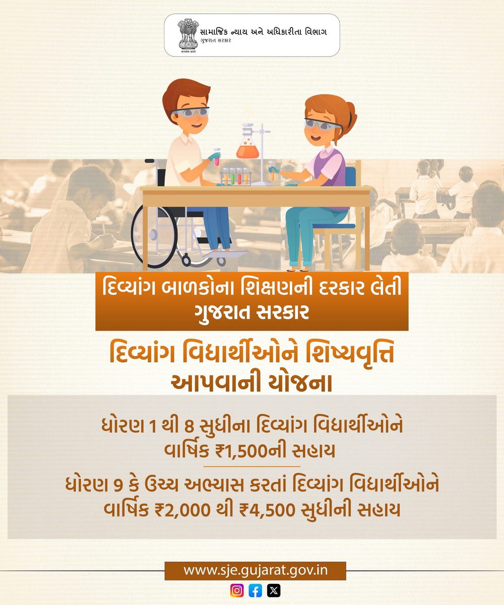 દિવ્યાંગ વિદ્યાર્થીઓના શિક્ષણની દરકાર લેતી ગુજરાત સરકાર! 

શિક્ષણ એ દરેક બાળકનો અધિકાર છે, અને ગુજરાત સરકાર દિવ્યાંગ બાળકોના શિક્ષણની સંપૂર્ણ દરકાર લઈ રહી છે. દિવ્યાંગ વિદ્યાર્થીઓને આર્થિક સહાય પૂરી પાડી, તેમને ઉચ્ચ શિક્ષણ તરફ પ્રોત્સાહન આપવા માટે ખાસ શિષ્યવૃત્તિ યોજના અમલમાં છે!
