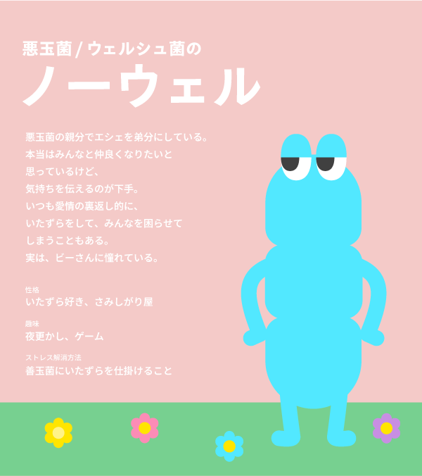 Fibees（ファイビーズ）は、腸内細菌をモチーフにしたキャラクターです👀

☆★キャラクター紹介★☆
【ノーウェル】
悪玉菌の親分。ウェルシュ菌。
本当はみんなと仲良くしたいのに、
うまくできない不器用さん。