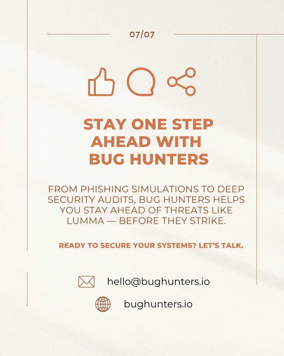 BugHuntersqa's tweet image. 🚨 394,000 𝐏𝐂𝐬 𝐡𝐚𝐜𝐤𝐞𝐝 𝐢𝐧 𝐣𝐮𝐬𝐭 60 𝐝𝐚𝐲𝐬.
 Microsoft’s latest security report revealed 𝐋𝐮𝐦𝐦𝐚 𝐒𝐭𝐞𝐚𝐥𝐞𝐫
👉 Ready to take action? Secure your business before it&apos;s too late.
 🌐 bughunters.io | 📬 hello@bughunters.io

#CyberSecurity #LummaStealer