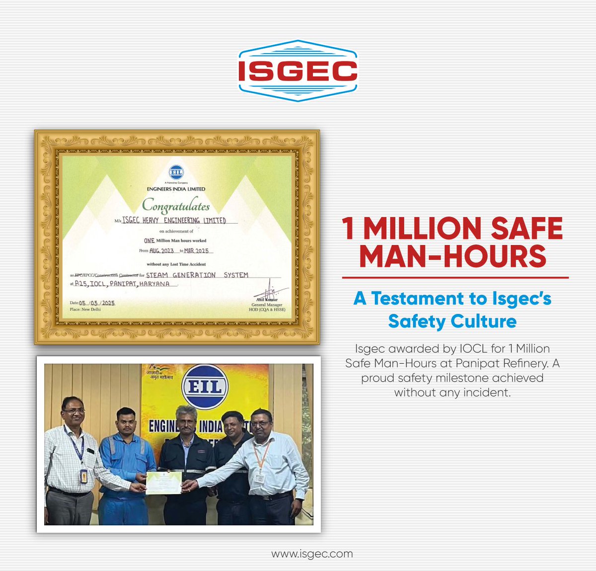 Isgec_engg's tweet image. Proud Moment for Team Isgec!

Awarded by IOCL, Panipat Refinery for achieving 1 Million Safe Man-Hours without a single Lost Time Incident.

A big salute to our team for making safety a way of life! 🦺👏

#Isgec #SafetyFirst #SafeManHours #EngineeringForExcellence