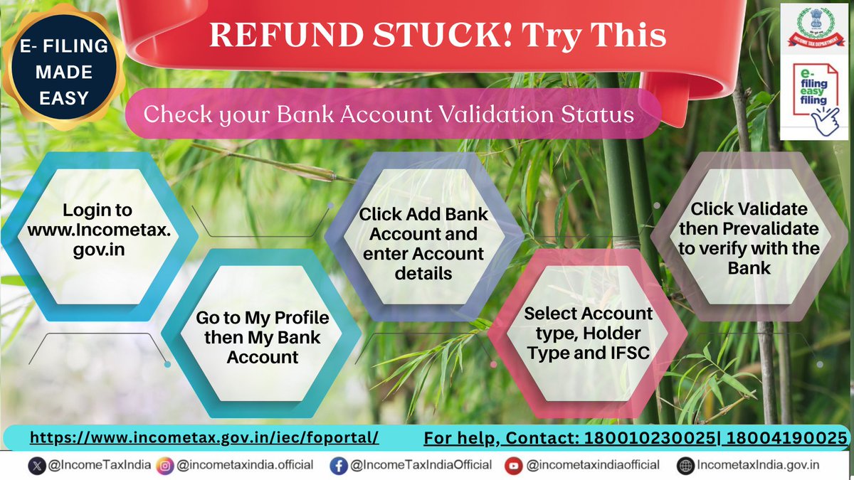 Income Tax India (@incometaxindia) on Twitter photo <a href="/nsitharamanoffc/">Nirmala Sitharaman Office</a> <a href="/officeofPCM/">Office of Pankaj Chaudhary</a> <a href="/FinMinIndia/">Ministry of Finance</a> <a href="/PIB_India/">PIB India</a> <a href="/MIB_India/">Ministry of Information and Broadcasting</a> <a href="/PMOIndia/">PMO India</a> <a href="/mygovindia/">MyGovIndia</a> Kind Attention Taxpayers!
A validated bank account is necessary for receipt of refunds. Kindly add a bank a/c or update your existing bank a/c with the latest details on efiling portal and validate the same.
For Adding a new bank a/c:
Pl visit incometax.gov.in/iec/foportal/ ➡️ <a href="/nsitharamanoffc/">Nirmala Sitharaman Office</a> <a href="/officeofPCM/">Office of Pankaj Chaudhary</a> <a href="/FinMinIndia/">Ministry of Finance</a> <a href="/PIB_India/">PIB India</a> <a href="/MIB_India/">Ministry of Information and Broadcasting</a> <a href="/PMOIndia/">PMO India</a> <a href="/mygovindia/">MyGovIndia</a> Kind Attention Taxpayers!
A validated bank account is necessary for receipt of refunds. Kindly add a bank a/c or update your existing bank a/c with the latest details on efiling portal and validate the same.
For Adding a new bank a/c:
Pl visit incometax.gov.in/iec/foportal/ ➡️