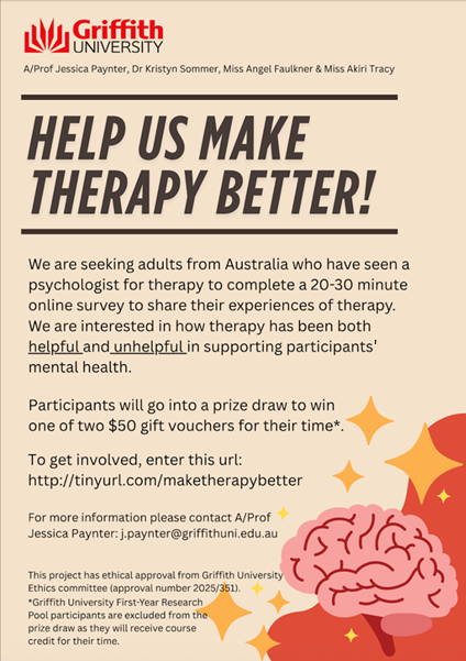 *Thoughts on Therapy* Griffith University are conducting a research project into adult’s perspectives on how helpful a range of potential adaptations to therapy would be. For more info see www151.griffith.edu.au/redcap/surveys…
