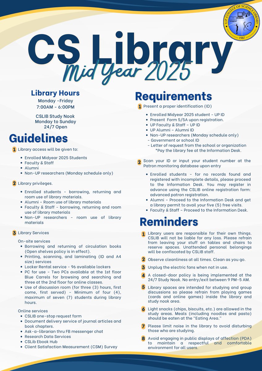 📚 Hello, Midyear 2025 students! 👋😆
The CS Library is open once again to be your go-to space for learning, focus, and a little peace and quiet this midyear term. 💡✨
Make the most of your library experience by checking out our updated guidelines. 📝
