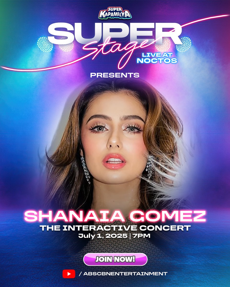 ABSCBN's tweet photo. SHANAIA’S INTERACTIVE CONCERT? G!!!  🙌

Maki-jam with Shanaia Gomez in our first-ever #SuperStage on July 1, Tuesday at 7PM!

🎤 CATCH THE INTERACTIVE LIVESTREAM for all the exciting performances & segments– exclusively for #SuperKapamilya members! React, be heard & join the fun! ❤️

🎸 Walk-ins are also welcome at #NoctosMusicBar. P1,000 Door Charge, with a drink included! 🍹