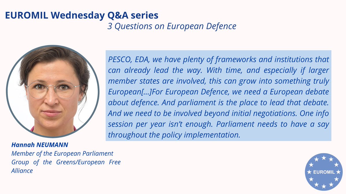 EUROMIL’s Wednesday Q&amp;A is out! MEP <a href="/HNeumannMEP/">Hannah Neumann</a> is diving into three key questions on European #Defence, and the 🇪🇺 Parliament’s role in boosting cooperation.
📢 Don’t miss it! Stay tuned for more every Wednesday!
Read more here: euromil.org/euromil-wednes…