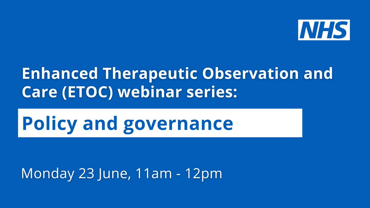 If you are involved in Enhanced Therapeutic Observations and Care, join our latest webinar where we will spotlight the importance of ETOC policies and how to implement them effectively. #ETOCP 
Register by Sunday 22 June, 5pm. ➡️events.england.nhs.uk/events/enhance…