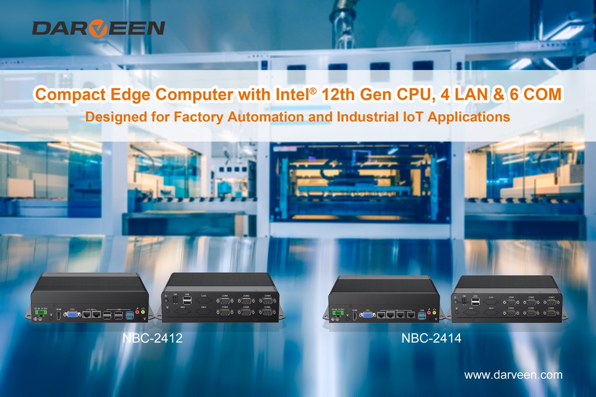 DarveenTechnol2's tweet image. 🚀 Darveen NBC-2412/2414 Compact Edge PCs with 12th Gen Intel® Core™ CPUs, 6x COM, up to 4x LAN, rugged and fanless design—ideal for IIoT & factory automation. Learn more 📷 bit.ly/43Nm08C
#Darveen #EmbeddedComputer #IIoT #EdgeComputing