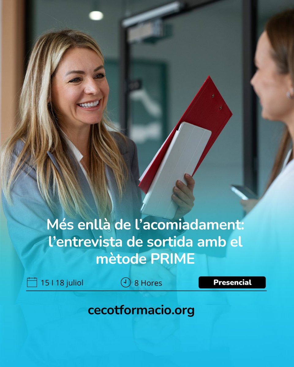 Cecot Formació (@cecotformacio) on Twitter photo 🎯 Descobreix el Mètode PRIME i converteix les entrevistes de sortida en una eina clau per a la millora contínua.
📅 15 i 17 juliol
👉 f.mtr.cool/iebluzmtpb
#RecursosHumans #EntrevistaDeSortida #MètodePRIME #MilloraContinua #FormacióRH #GestióDeTalent #RHestratègic 🎯 Descobreix el Mètode PRIME i converteix les entrevistes de sortida en una eina clau per a la millora contínua.
📅 15 i 17 juliol
👉 f.mtr.cool/iebluzmtpb
#RecursosHumans #EntrevistaDeSortida #MètodePRIME #MilloraContinua #FormacióRH #GestióDeTalent #RHestratègic