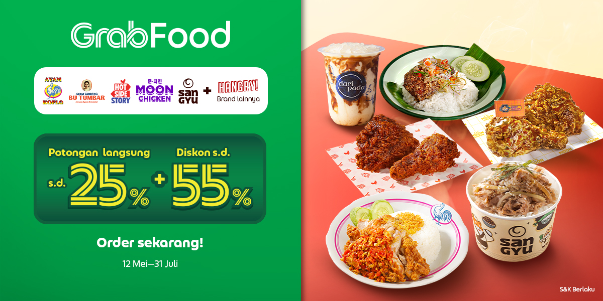 GrabID's tweet photo. Perut kosong? Santai aja~ π₯°
Soalnya Moon Chicken, Ayam Koplo, Butumbar, Hot Side Story, SanGyu, dan brand Hangry lainnya lagi ada potongan langsung s.d. 25% + diskon s.d. 55% kalo pesen di #GrabFoodID sampe 31 Juli 2025.
Kuy #ngeGrabFood sekarang! https://t.co/Zx2mk7zaCM https://t.co/xDuD67deaG