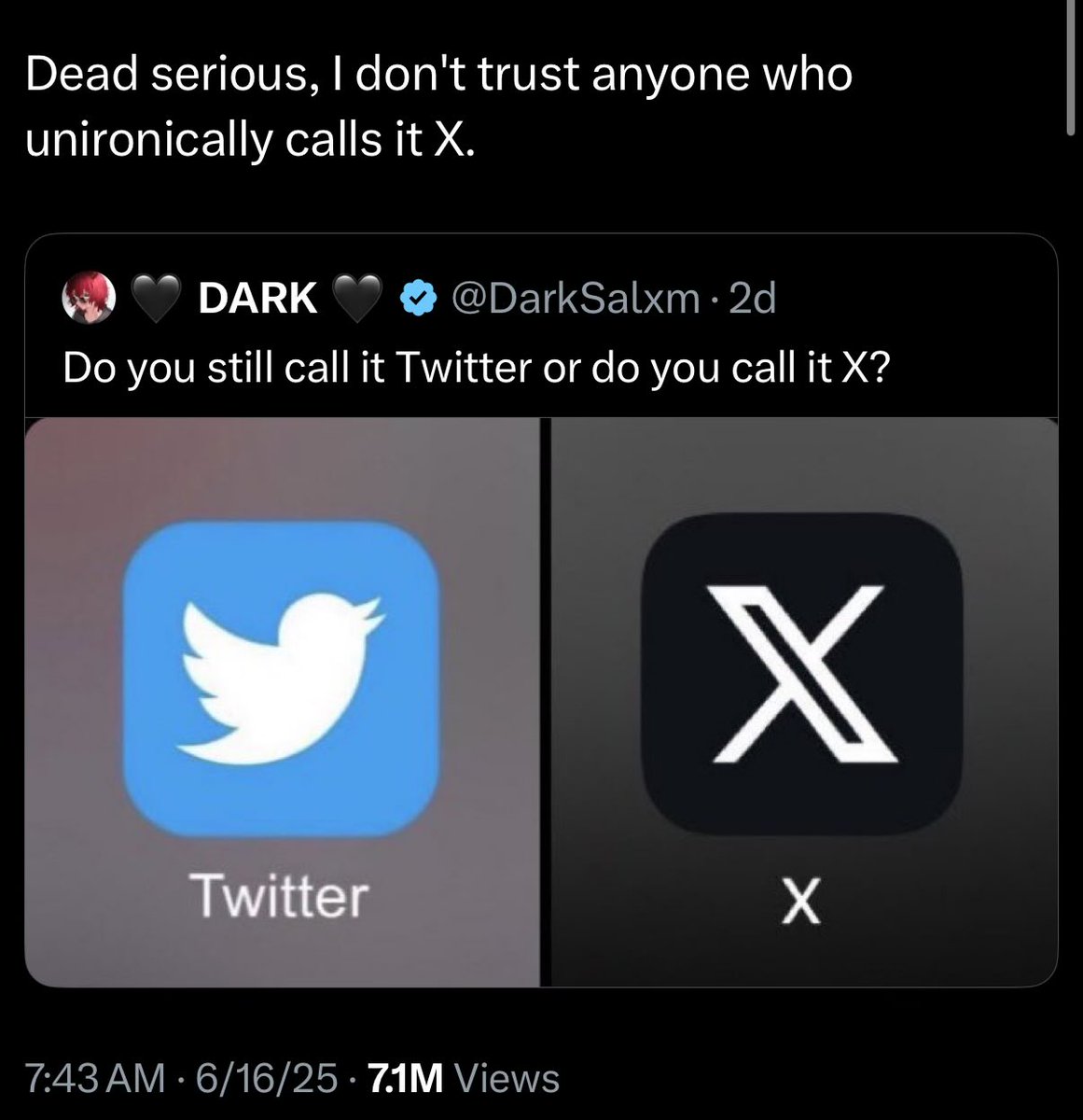 EsfandTV's tweet photo. I don’t care if someone calls it Twitter or X.

I DO care… if someone cares or corrects someone when they call it the thing that they don’t call it… That shit is weeeird https://t.co/ngOuCfwgi4