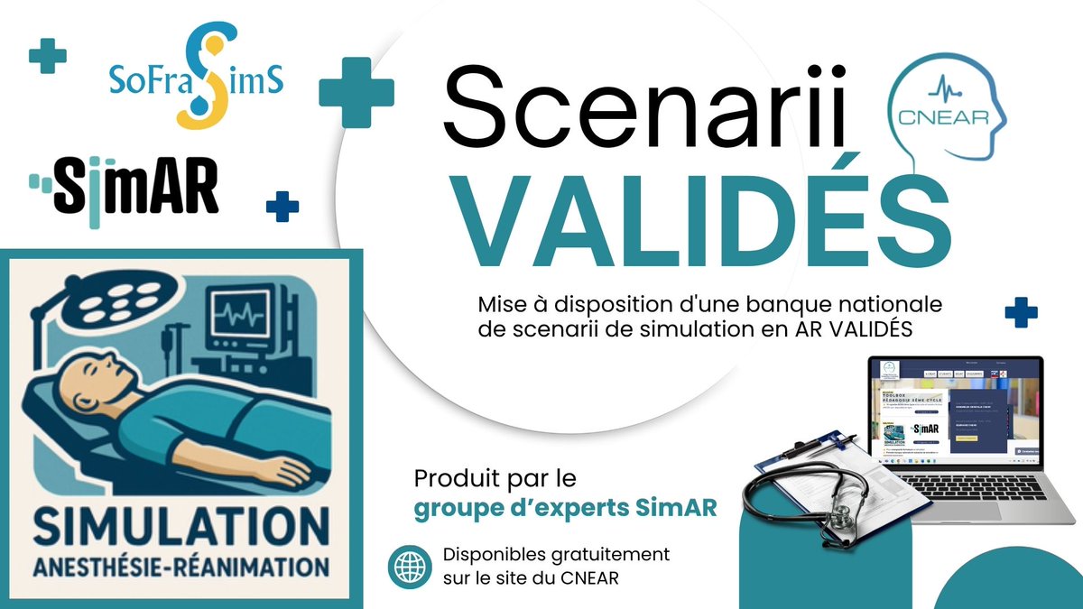 CNEAR Anesthésie Réanimation (@cnear_fr) on Twitter photo 🎯Pour les enseignants-formateurs en #simulation
👉1ère banque nationale de scénarios de simulation en #anesthésie-réanimation
🎯Crée par un groupe d’experts SimAR, une collaboration entre le CNEAR et la <a href="/Sofrasims/">SOFRASIMS</a>
🎬 Scénarios validés et gratuits !
👉 cnear.fr 🎯Pour les enseignants-formateurs en #simulation
👉1ère banque nationale de scénarios de simulation en #anesthésie-réanimation
🎯Crée par un groupe d’experts SimAR, une collaboration entre le CNEAR et la <a href="/Sofrasims/">SOFRASIMS</a>
🎬 Scénarios validés et gratuits !
👉 cnear.fr