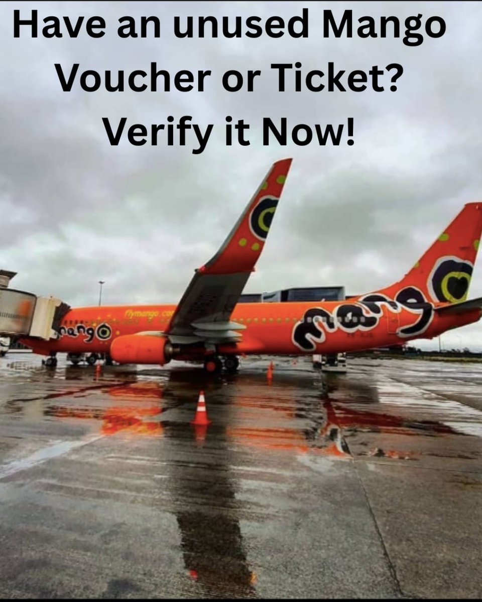 If you hold an unused Mango travel voucher or ticket from before we paused operations, now is the time to verify it on the Mango Postal. Visit: flymango.africa . This is part of the Business Rescue process and we want to make sure you're not left behind. #MangoAirlines