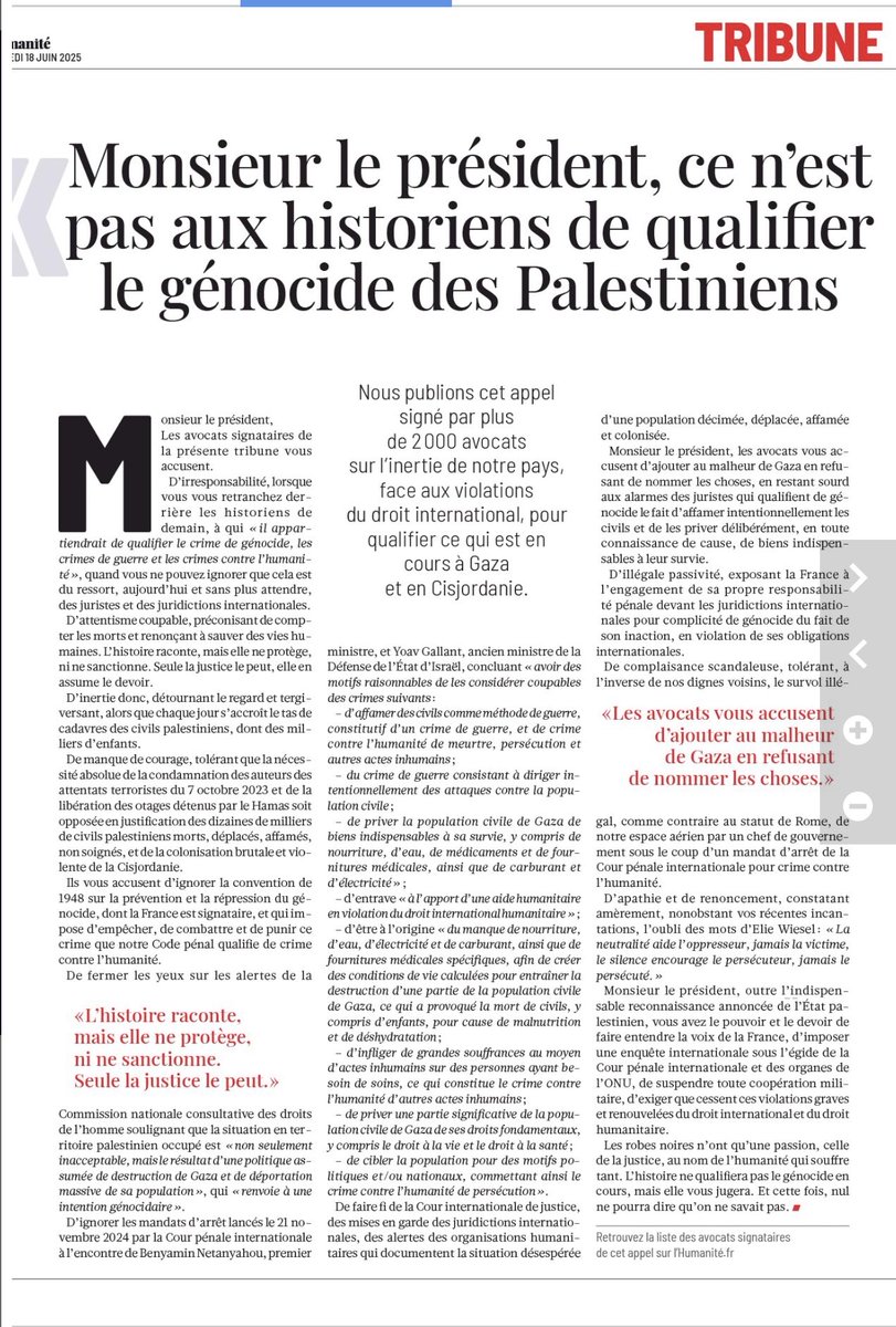 Tribune signée par près de 2200 avocats. 
« Monsieur le Président, les avocats vous accusent d’ajouter aux malheurs de Gaza en refusant de nommer les choses ».

<a href="/EmmanuelMacron/">Emmanuel Macron</a> <a href="/CNBarreaux/">Conseil national des barreaux - les avocats</a> <a href="/Conf_Batonniers/">ConférenceBâtonniers</a> <a href="/MouMou_Guichard/">MouMou</a> 

#Tribune #Avocats #Gaza #President