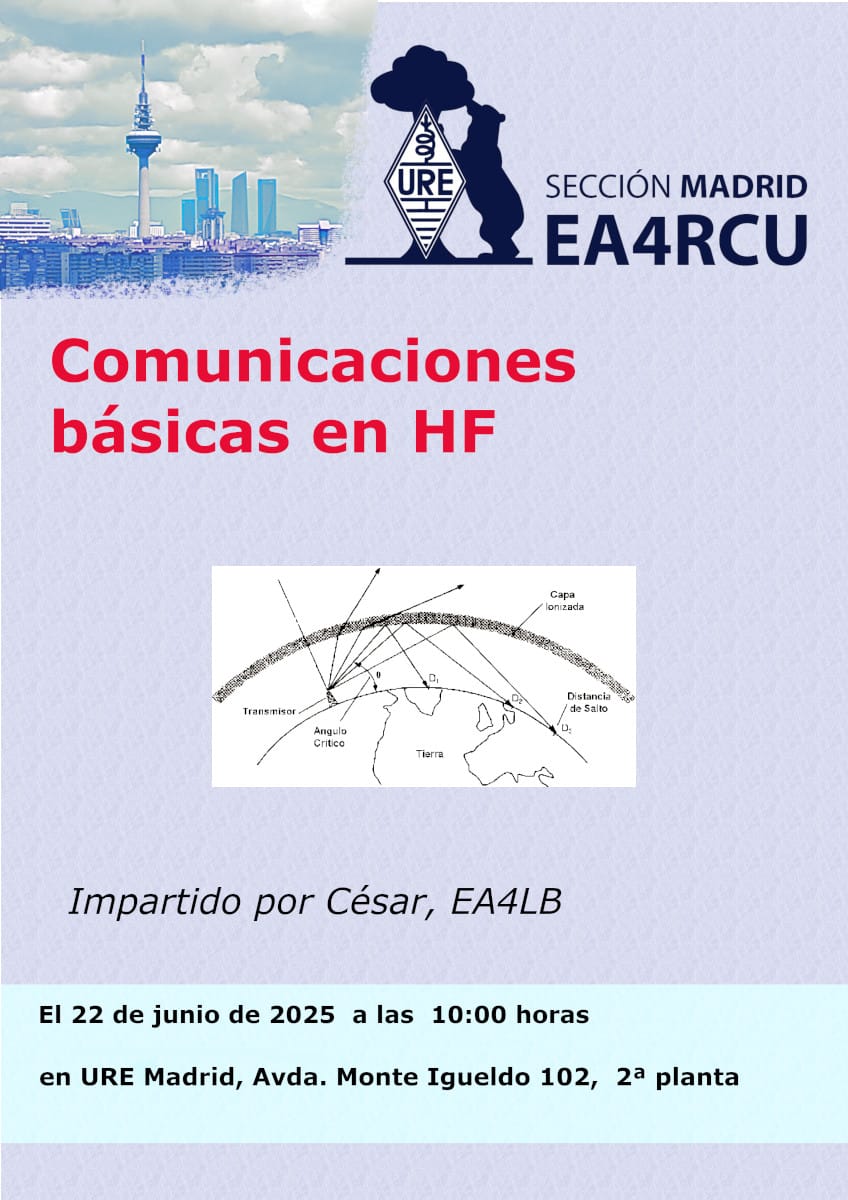 SL URE Madrid - Radio Club Madrid (@ea4rcu) on Twitter photo 🚨Comunicaciones básicas en HF
📆Domingo 22 Junio ⏰10.00 h
📍Avda Monte Igueldo 102 (2 planta)
EA4LB
<a href="/CesarGallegoR/">Cesar Gallego</a> impartira está charla para todos los recién llegados y quién quiera aprender
🔁🔁
#radioaficionados #somosURE <a href="/ure_es/">Unión de Radioaficionados Españoles</a> #ea4rcu #radioaficionalgomasqueunhobbie 🚨Comunicaciones básicas en HF
📆Domingo 22 Junio ⏰10.00 h
📍Avda Monte Igueldo 102 (2 planta)
EA4LB
<a href="/CesarGallegoR/">Cesar Gallego</a> impartira está charla para todos los recién llegados y quién quiera aprender
🔁🔁
#radioaficionados #somosURE <a href="/ure_es/">Unión de Radioaficionados Españoles</a> #ea4rcu #radioaficionalgomasqueunhobbie