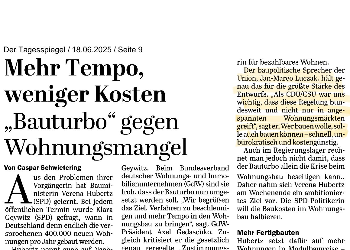 Dr. Jan-Marco Luczak (@jm_luczak) on Twitter photo Der #BauTurbo kommt.
Als <a href="/cducsubt/">CDU·CSU</a> wollten wir, dass er maximale Wirksamkeit entfaltet. Er gilt daher #bundesweit und nicht nur in angespannten Märkten. Gesetzliche Vorgaben für eine Mindestanzahl von Wohnungen wurden gestrichen. Auch #Einfamilienhäuser können die Kommunen Der #BauTurbo kommt.
Als <a href="/cducsubt/">CDU·CSU</a> wollten wir, dass er maximale Wirksamkeit entfaltet. Er gilt daher #bundesweit und nicht nur in angespannten Märkten. Gesetzliche Vorgaben für eine Mindestanzahl von Wohnungen wurden gestrichen. Auch #Einfamilienhäuser können die Kommunen