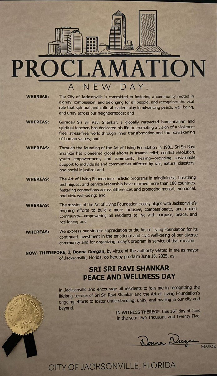 IBTimes ๐ฎ๐ณ (@ibtimes_india) on Twitter photo The City of Jacksonville has officially proclaimed June 16, 2025, as Sri Sri Ravi Shankar Peace and Wellness Day, honoring spiritual leader's lifelong commitment to promoting unity, well-being, emotional healing around world.
<a href="/Gurudev/">Gurudev Sri Sri Ravi Shankar</a> <a href="/ArtofLiving/">The Art of Living</a>
Read:
ibtimes.co.in/jacksonville-dโฆ The City of Jacksonville has officially proclaimed June 16, 2025, as Sri Sri Ravi Shankar Peace and Wellness Day, honoring spiritual leader's lifelong commitment to promoting unity, well-being, emotional healing around world.
<a href="/Gurudev/">Gurudev Sri Sri Ravi Shankar</a> <a href="/ArtofLiving/">The Art of Living</a>
Read:
ibtimes.co.in/jacksonville-dโฆ