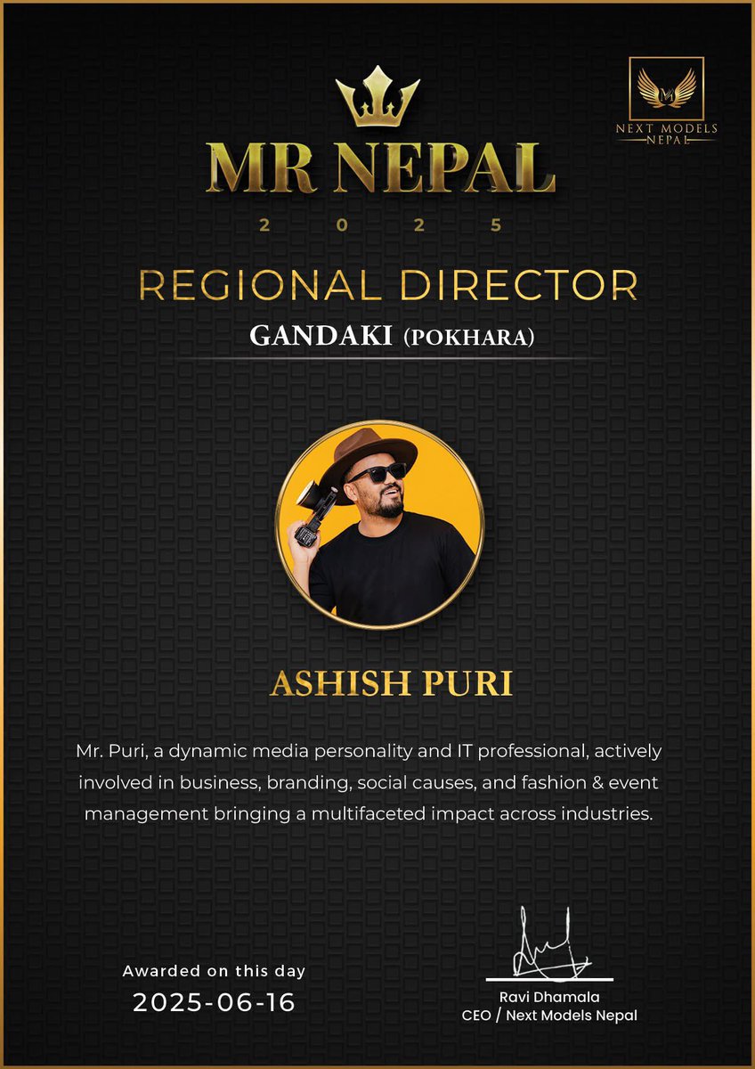 It's my honor to be Regional Director for Mr Nepal 2025 for Gandaki Province, If you think you deserve to become Next Mr Nepal, You can dM me.

We are doing Gandaki Province audition very soon!
More Details Coming!

#MrNepal #AshishPuri #MisterNepal2025 #Pokhara #GandakiAudition