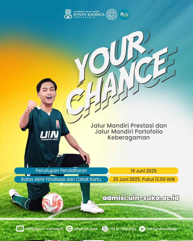 Take your chance now!
Jalur Mandiri Prestasi dan Portofolio Keberagaman akan ditutup tanggal 19 Juni 2025 pukul 23.59 WIB.
Buruan, dah! Jalur tanpa tes hanya seleksi wawancara aja!

#uinsk #uinsunankalijaga #UINSuka #uinjogja
                    instagram.com/p/DLB9zECTSAi/…