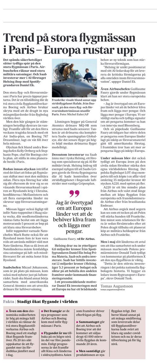 mattiasr70's tweet image. Stor uppmärksamhet i media för Saab från Europas största flygmässa, Paris Airshow. Här i DI och SvD.
@saab @dagensindustri @SvD @parisairshow #Säkpol