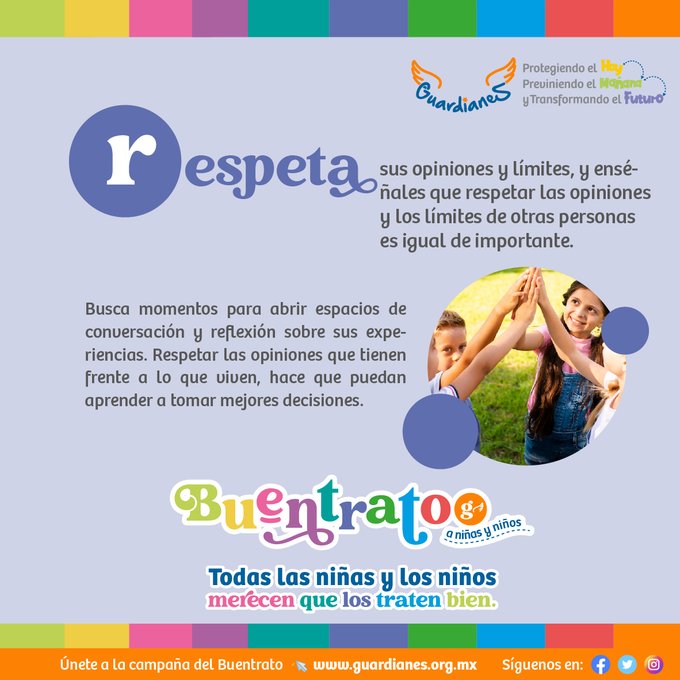 ¡Súmate a la campaña del #Buentrato y compártela!

Respeta sus opiniones y límites, y enséñales que respetar las opiniones y limites de los demas es igual de importante.

¡Recuerda que todas las niñas y los niños merecen que los traten bien! 

#Decálogo:  guardianes.org.mx/media/waujg05o…
