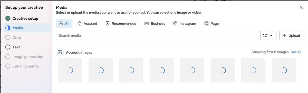 Anyone else having this issue with Meta?

Can't see any newly uploaded creative to select and build ads