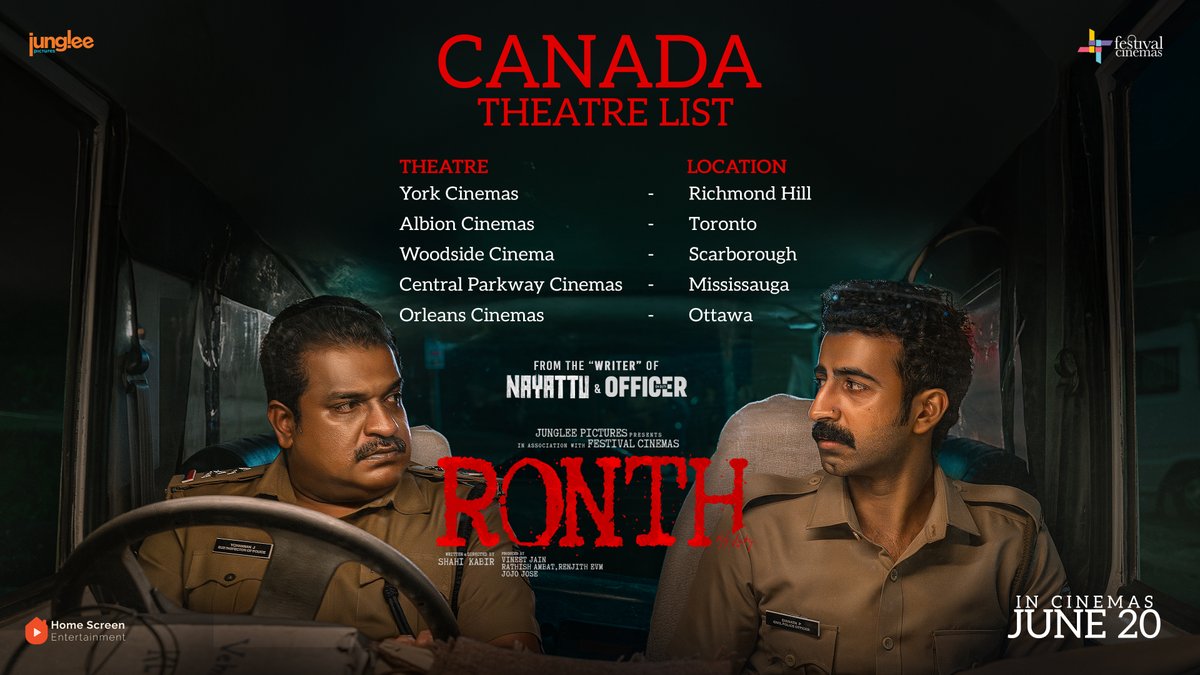 Home Screen Entertainment (@homescreenent) on Twitter photo The wait is almost over, Canada!
#Ronth a suspense-packed thriller releases on June 20 across theatres near you.
Check the theatre list below and grab your seats now! 🎟️
Releasing in Cinemas this 20th June.
#ShahiKabir #DileeshPothan <a href="/roshanmathew22/">Roshan Mathew</a> <a href="/vineetjaintimes/">Vineet Jain</a> The wait is almost over, Canada!
#Ronth a suspense-packed thriller releases on June 20 across theatres near you.
Check the theatre list below and grab your seats now! 🎟️
Releasing in Cinemas this 20th June.
#ShahiKabir #DileeshPothan <a href="/roshanmathew22/">Roshan Mathew</a> <a href="/vineetjaintimes/">Vineet Jain</a>
