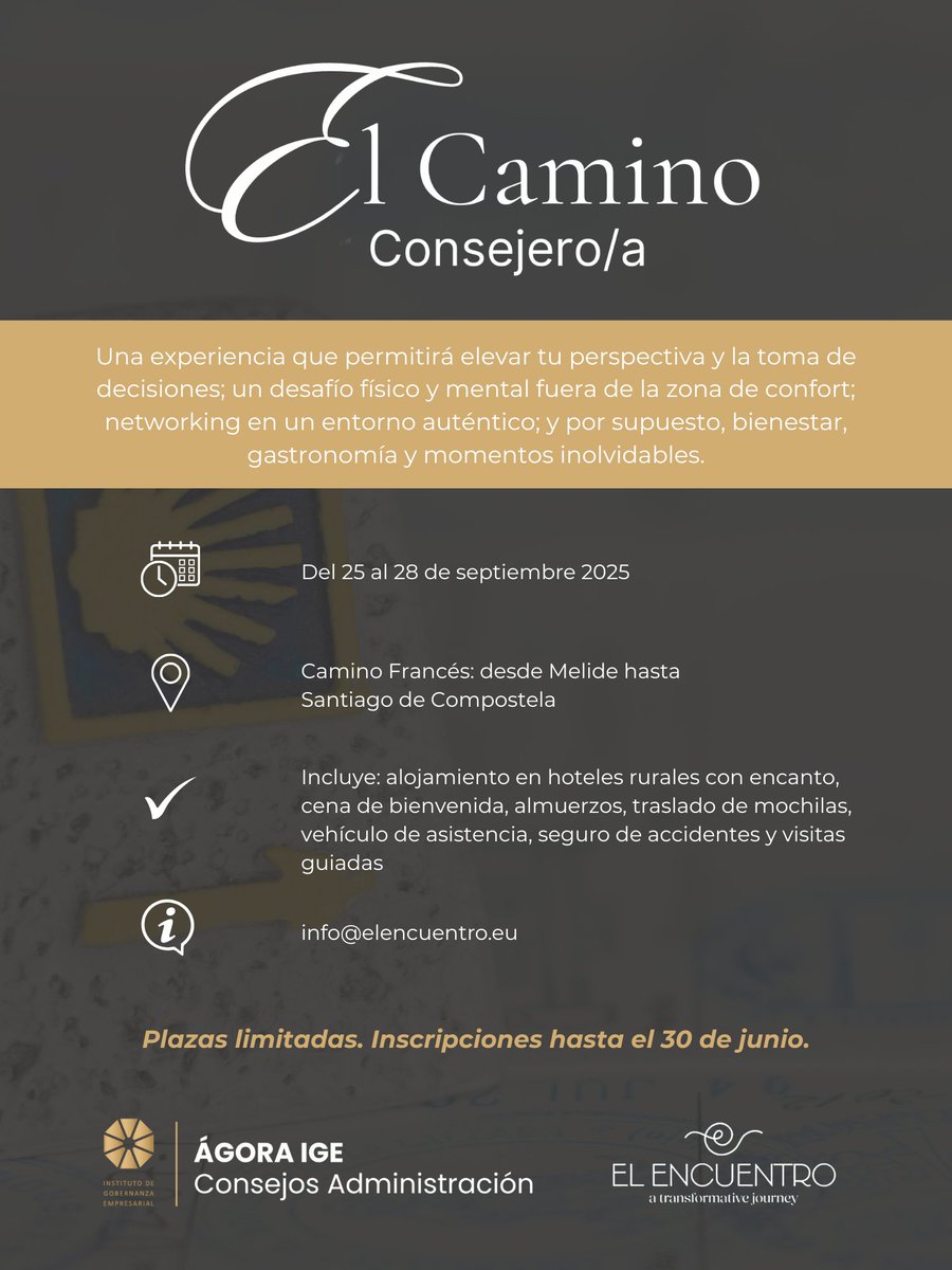 💡EL CAMINO DEL CONSEJERO/A | Una encuentro único y exclusivo para la comunidad IGE

Del 25 al 28 de septiembre 2025, viviremos una experiencia única recorriendo el Camino Francés, una ruta desde Melide hasta Santiago de Compostela.

Descuentos para miembros IGEClub — Ágora IGE.