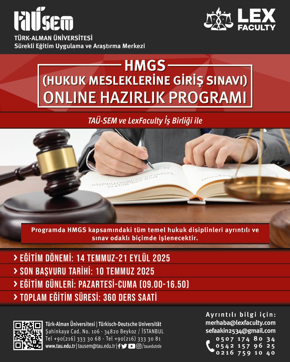 TAÜ-SEM (@tau_sem) on Twitter photo TAÜ-SEM ve LexFaculty iş birliği ile düzenlenen 'HMGS (Hukuk Mesleklerine Giriş Sınavı) Online Hazırlık Programı' için kayıtlar kabul edilmeye başlıyor. Programla ilgili ayrıntılı bilgiye ve ön kayıt formuna takip eden linkten ulaşabilirsiniz👉tausem.tau.edu.tr/hmgs-%28hukuk-… <a href="/tauedutrde/">Türk-Alman Üniversitesi</a> TAÜ-SEM ve LexFaculty iş birliği ile düzenlenen 'HMGS (Hukuk Mesleklerine Giriş Sınavı) Online Hazırlık Programı' için kayıtlar kabul edilmeye başlıyor. Programla ilgili ayrıntılı bilgiye ve ön kayıt formuna takip eden linkten ulaşabilirsiniz👉tausem.tau.edu.tr/hmgs-%28hukuk-… <a href="/tauedutrde/">Türk-Alman Üniversitesi</a>