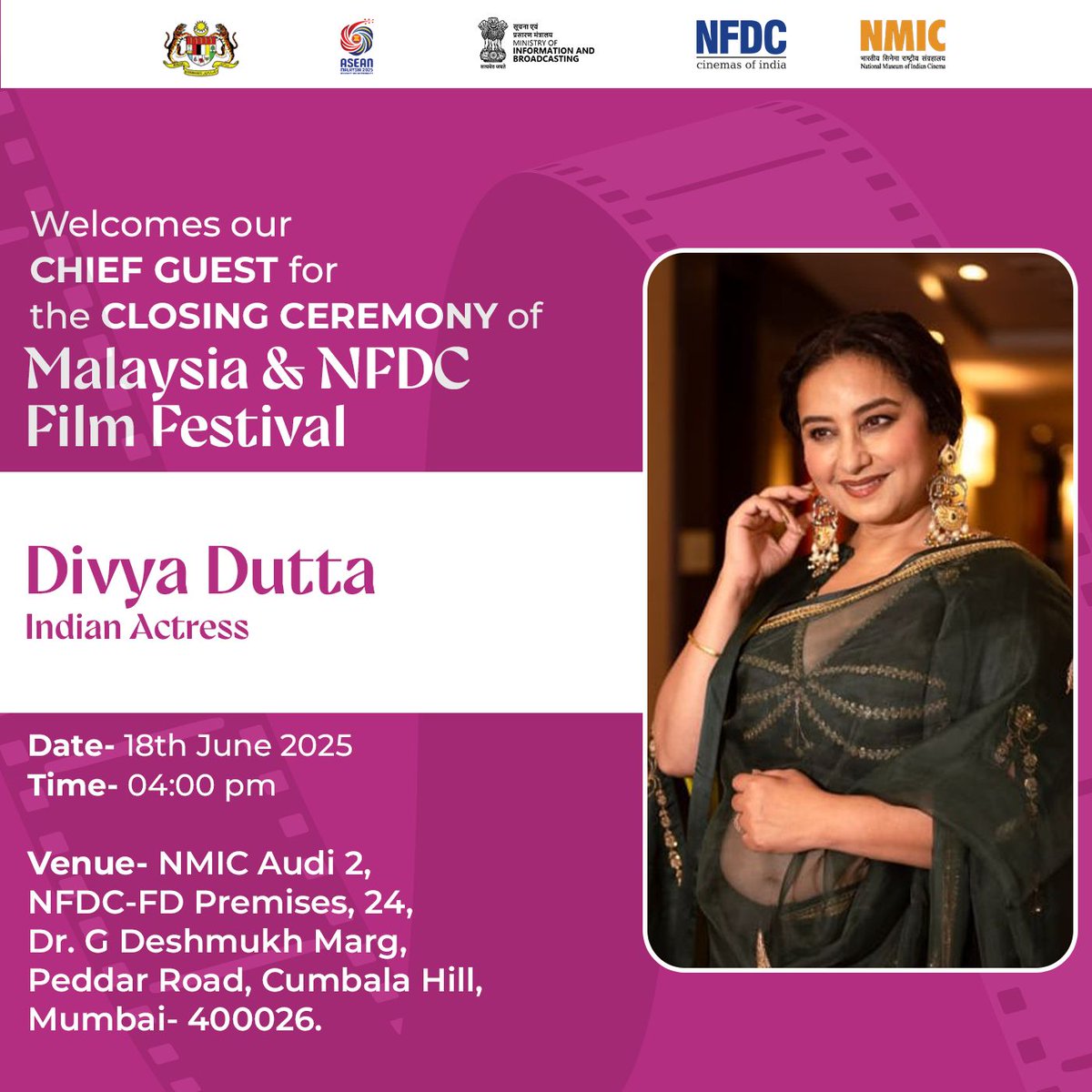 PIB in Maharashtra 🇮🇳 (@pibmumbai) on Twitter photo Malaysia & NFDC Film Festival, the 5-day fiesta celebrating cinema and culture (14–18 June 2025) concludes today
Acclaimed Indian actress <a href="/divyadutta25/">Divya Dutta</a>, to grace the occasion as the Chief Guest for the Closing Ceremony
📅 18th June 2025
🕓 4:00 PM
📍 NMIC Audi 2, NFDC-FD Malaysia & NFDC Film Festival, the 5-day fiesta celebrating cinema and culture (14–18 June 2025) concludes today
Acclaimed Indian actress <a href="/divyadutta25/">Divya Dutta</a>, to grace the occasion as the Chief Guest for the Closing Ceremony
📅 18th June 2025
🕓 4:00 PM
📍 NMIC Audi 2, NFDC-FD