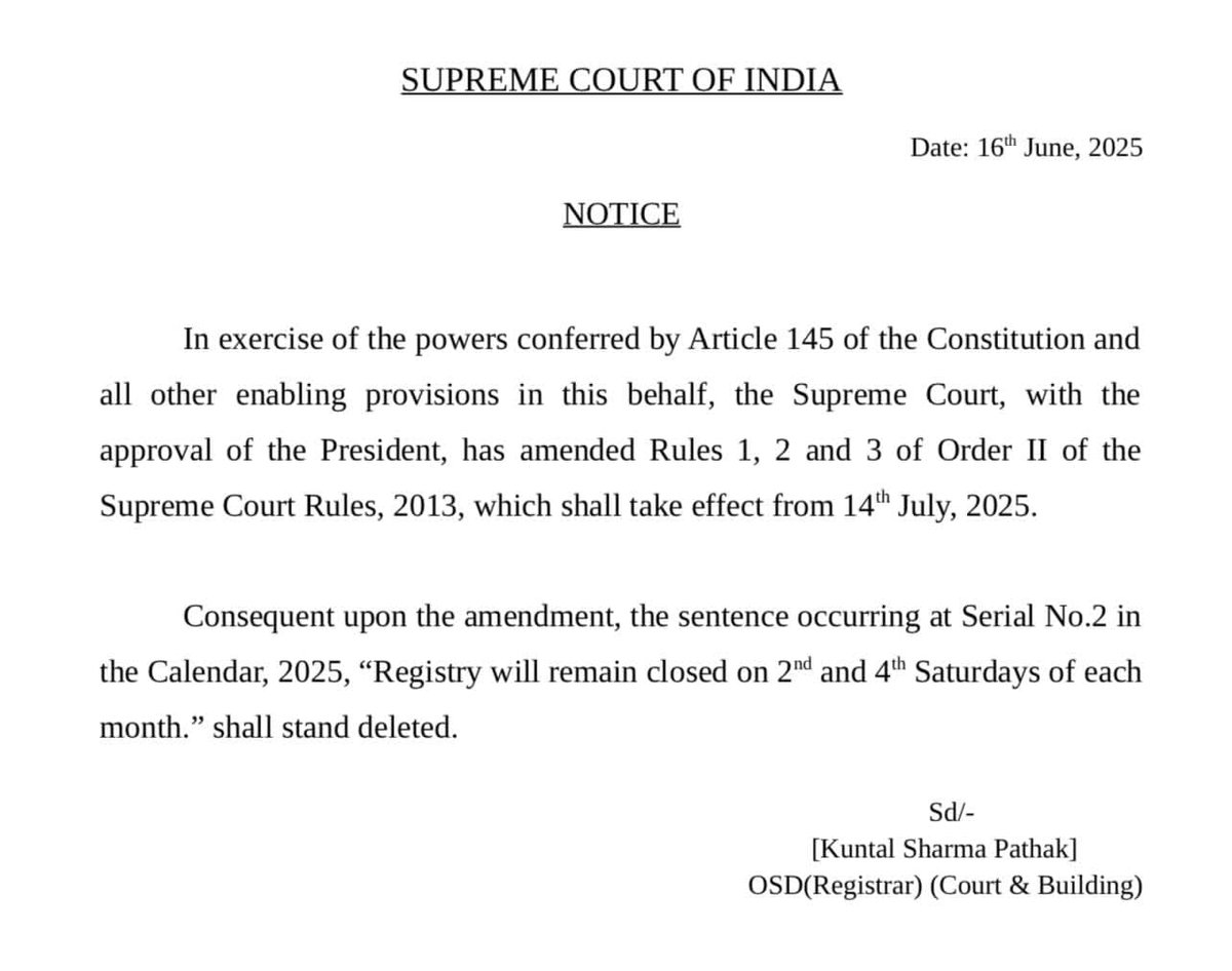 BreakingToda's tweet image. अब जुलाई 2025 से महीने के सभी शनिवार को अदालतें खुली रहेंगी। न्याय प्रक्रिया को तेज़ करने और लंबित मामलों के निपटारे की दिशा में यह बड़ा कदम है।  #न्यायपालिका #CourtReforms #सुप्रीमकोर्ट #SaturdayCourt #SupremeCourtofIndia