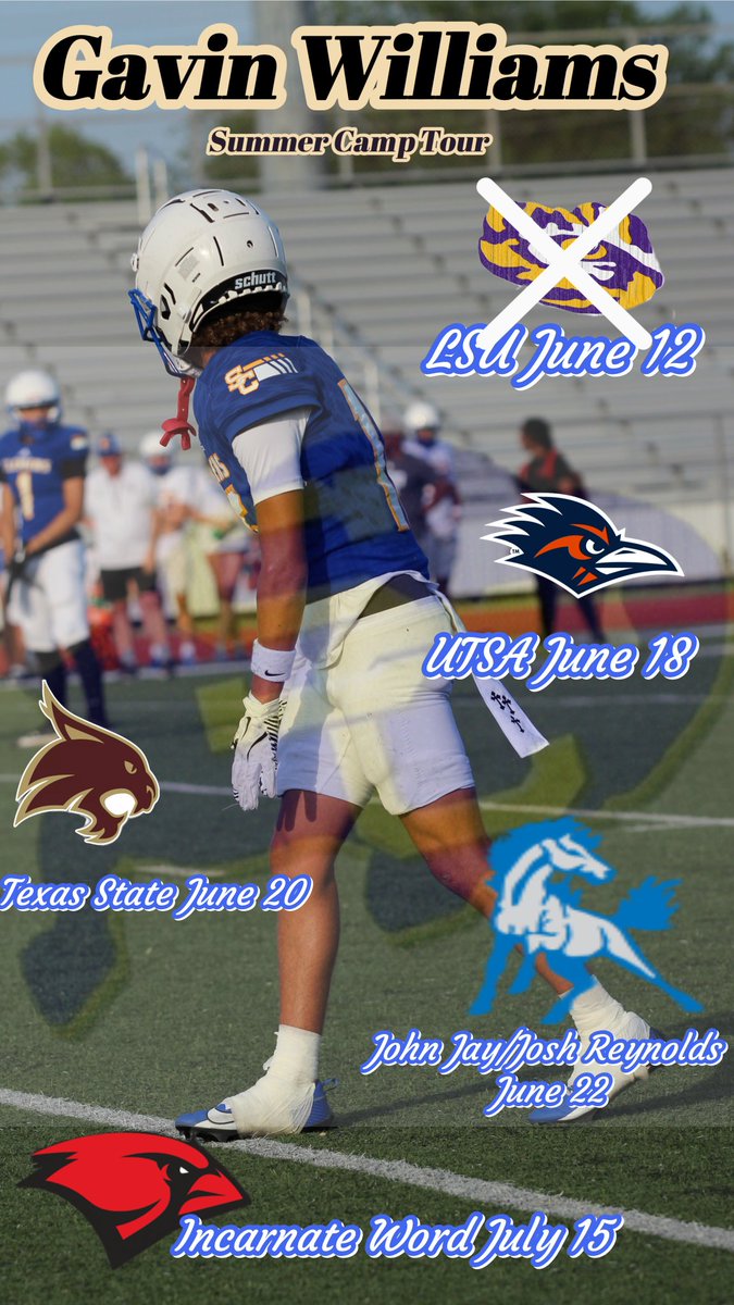 Gavin Williams (@williamsga16) on Twitter photo Thrilled to join <a href="/UTSAFTBL/">UTSA Football 🏈</a> camp tomorrow evening. I'm eager to learn, grow, and boost my speed, strength, and skills! #FootballCamp #Inthekitchen #Grinding #ReadyToWork
<a href="/Coach_Lyda1/">Logan Lyda</a> <a href="/AcHood1/">Ac Hood</a> <a href="/CoachAveion/">Aveion Trabue</a> <a href="/CoachTraylor/">Jeff Traylor</a> <a href="/CoachJP3/">Joe Price III</a> <a href="/CoachBurkeJ/">Coach Justin Burke</a> <a href="/ClemensBuffsFB/">Clemens Football</a> Thrilled to join <a href="/UTSAFTBL/">UTSA Football 🏈</a> camp tomorrow evening. I'm eager to learn, grow, and boost my speed, strength, and skills! #FootballCamp #Inthekitchen #Grinding #ReadyToWork
<a href="/Coach_Lyda1/">Logan Lyda</a> <a href="/AcHood1/">Ac Hood</a> <a href="/CoachAveion/">Aveion Trabue</a> <a href="/CoachTraylor/">Jeff Traylor</a> <a href="/CoachJP3/">Joe Price III</a> <a href="/CoachBurkeJ/">Coach Justin Burke</a> <a href="/ClemensBuffsFB/">Clemens Football</a>