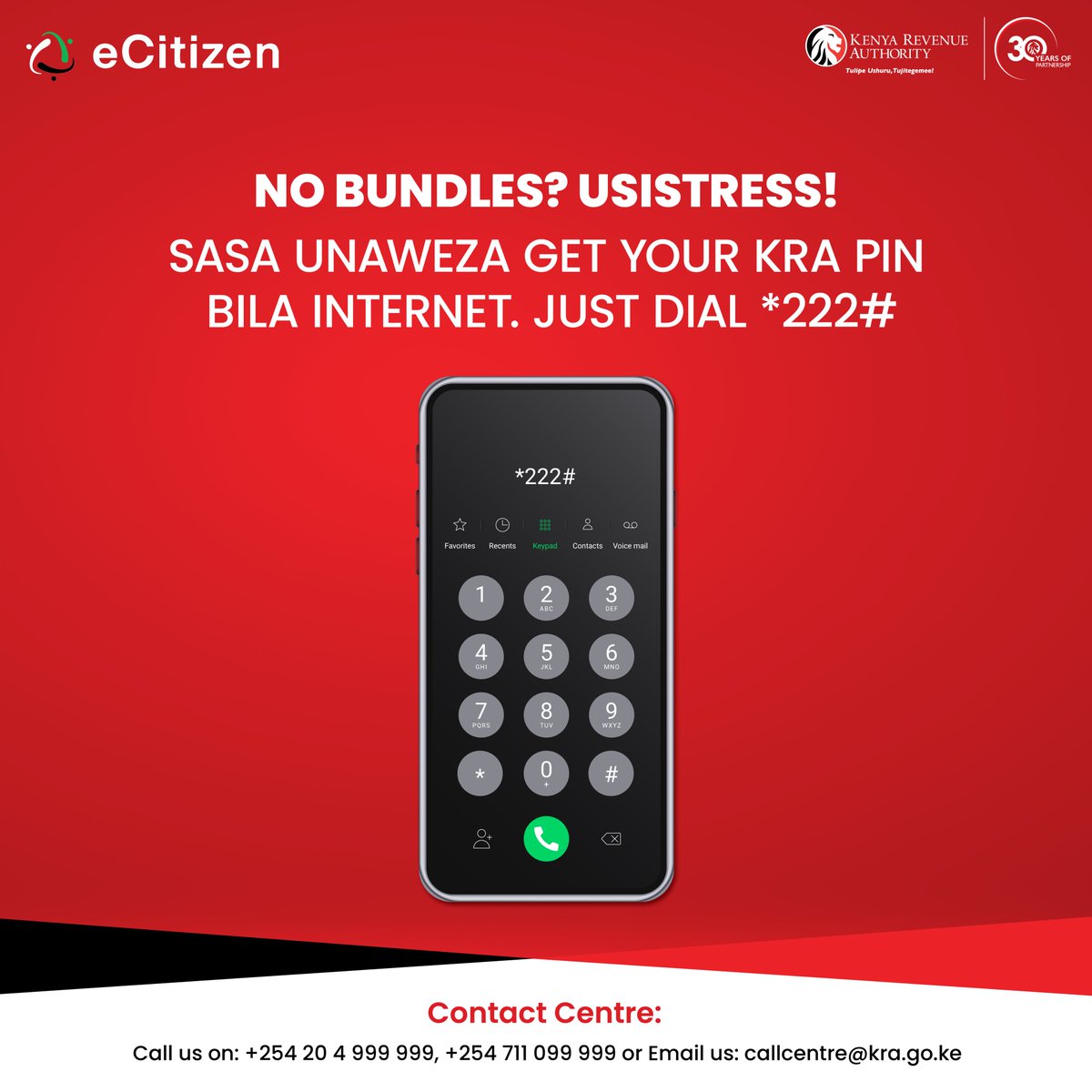 No bundles? No problem!
Usistress! Sasa unaweza apply for a  KRA PIN bila internet.
📱 Dial *222# — it’s fast, free &amp; simple!

#KRASimplifiedsolutions #TaxMadeEasy