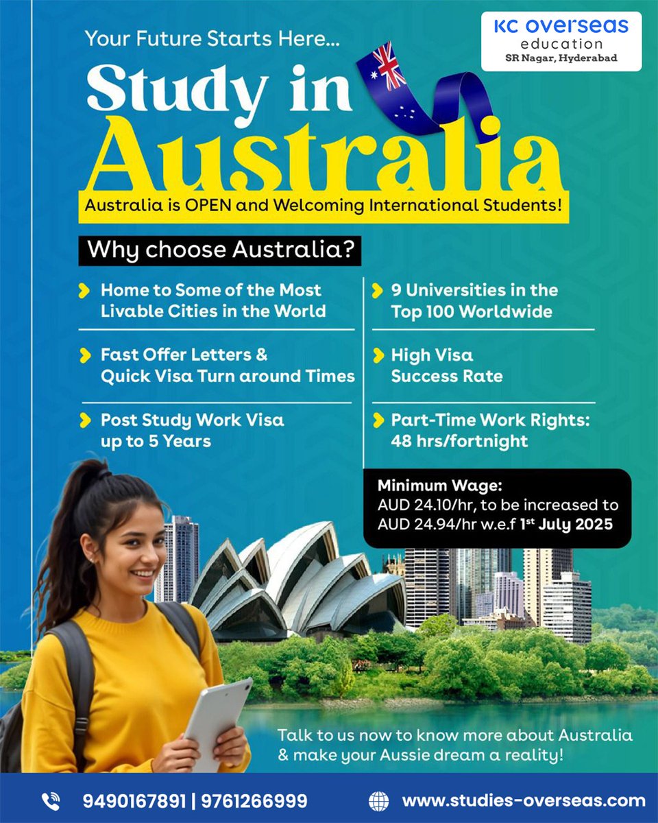kcoversea's tweet image. 🌏 Study in Australia – Apply for Nov 2025 Intake!
🎓 Top unis like UNSW, UTS, Deakin
💼 Work 48 hrs/fortnight | Earn AUD 24.10/hr
🎯 PSW up to 5 yrs + Scholarships 30%

👉 studies-overseas.com
#StudyInAustralia #PSWVisa