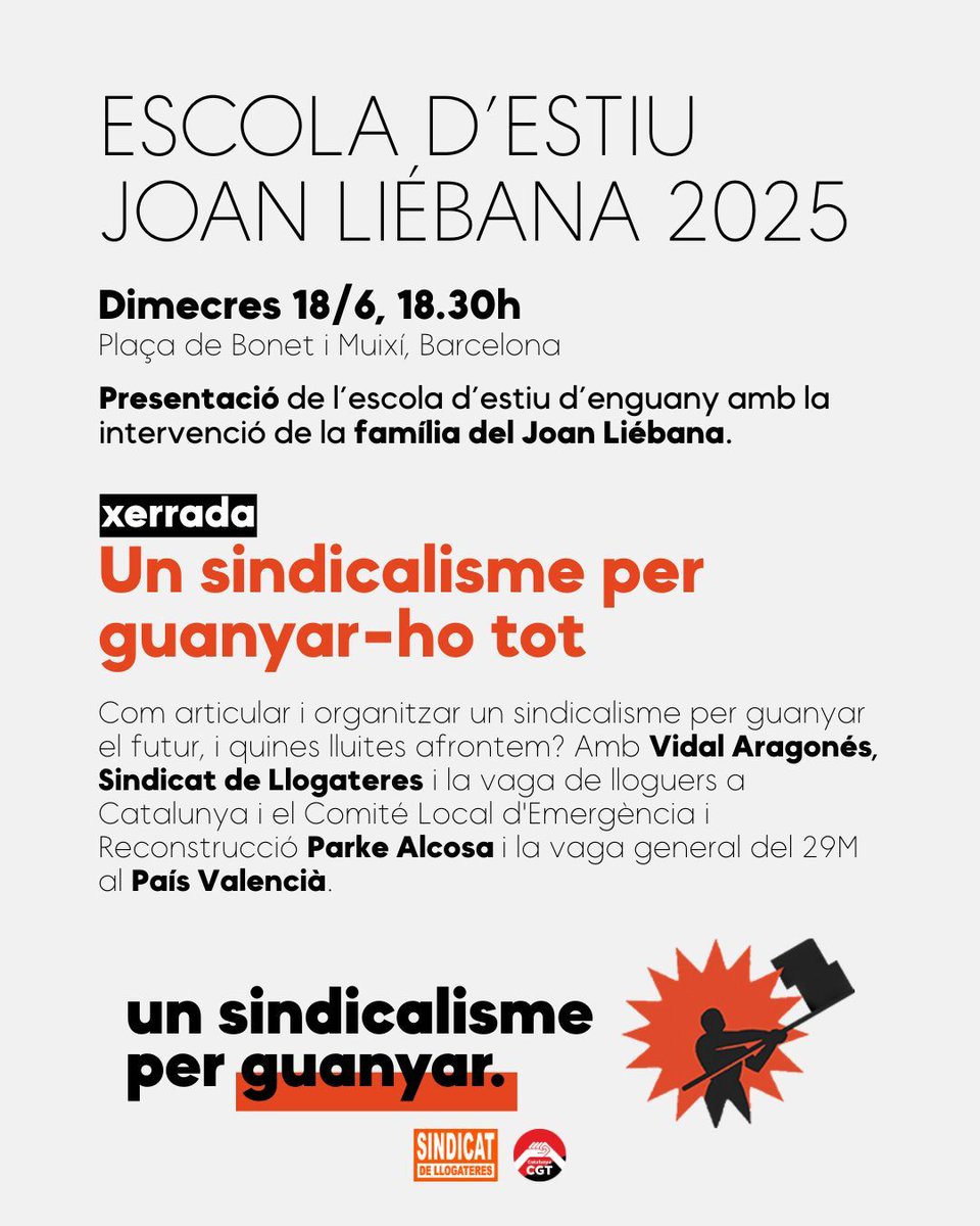 CGT Catalunya 🚩🏴 (@cgtcatalunya) on Twitter photo ☀️ Avui comença l'Escola d'Estiu Joan Liébana!
🌱 Una aposta de la <a href="/CGTCatalunya/">CGT Catalunya 🚩🏴</a> i <a href="/SindicatLloguer/">Sindicat de Llogateres i Llogaters</a> per la formació i la unió del sindicalisme laboral i d'habitatge
A les, 18.30h a la Plaça Bonet i Muixí. Comptarem amb la participació de la família i amigues del Joan❤️🖤 ☀️ Avui comença l'Escola d'Estiu Joan Liébana!
🌱 Una aposta de la <a href="/CGTCatalunya/">CGT Catalunya 🚩🏴</a> i <a href="/SindicatLloguer/">Sindicat de Llogateres i Llogaters</a> per la formació i la unió del sindicalisme laboral i d'habitatge
A les, 18.30h a la Plaça Bonet i Muixí. Comptarem amb la participació de la família i amigues del Joan❤️🖤