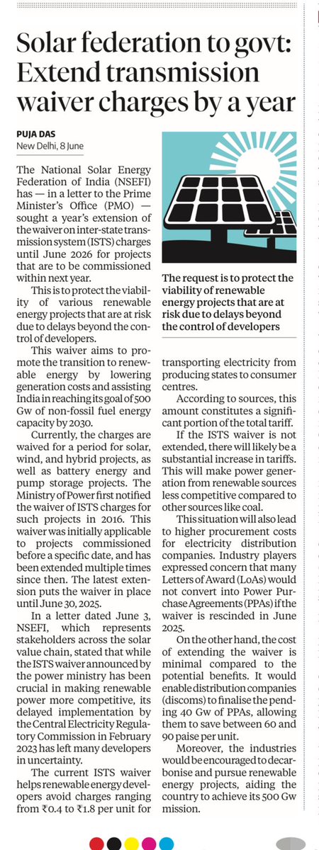 adv_chandnishah's tweet image. The continuation of the Inter-State Transmission System (ISTS) waiver, especially for specific segments, is not just beneficial, it&apos;s critical for India.
 
Without it, we risk stalling ~38 GW of vital renewable energy projects, making C&amp;amp;I (Commercial &amp;amp; Industrial) renewable…