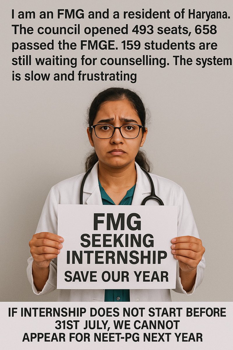 DFlex007's tweet image. 🚨 FMGs in Haryana Facing Uncertain Future!
493 internship seats, 658 FMG passouts — 159 still waiting!
If internships don’t start by 31st July, they lose NEET-PG 2026 eligibility.
📢 We demand urgent intervention by Haryana Medical Council! @NayabSainiBJP @NHMHRY 
#SaveFMGs…