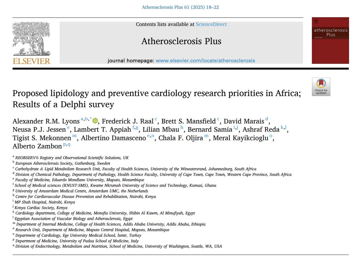 MeralKayikcoglu's tweet image. Our latest work is out in @ATH_Plus
As the EAS-LIPRA team, we identified Africa’s top priorities in lipidology &amp; preventive cardiology using the Delphi method.
Highlights:
✅ Lp(a) prevalence
✅ Premature CAD
✅ ASCVD burden
✅ Risk scores for African populations
📖…