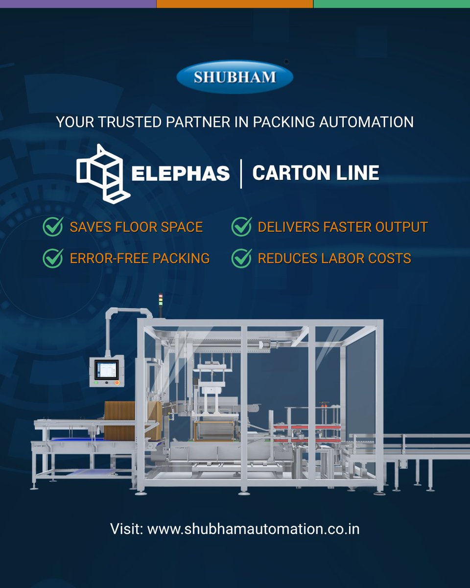 ShubhamAutoIn's tweet image. When every second counts, trust Elephas – Carton Line to deliver.

From Case Packer and Erector to Case Sealer, Online Weighing, and Print &amp;amp; Apply – Elephas handles carton/bundles packing with unmatched precision and consistency.

To know more visit: shubhamautomation.co.in/end-of-line-au…
.
.
