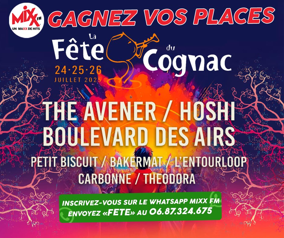 MixxFmFrance's tweet photo. MIXX FM vous offre vos places pour la @feteducognac 🎁😎🎶
Pour jouer : Follow @MixxFmFrance + RT 😍 Bonne chance à tous 🍀❤️ https://t.co/rOJBvTu6jp