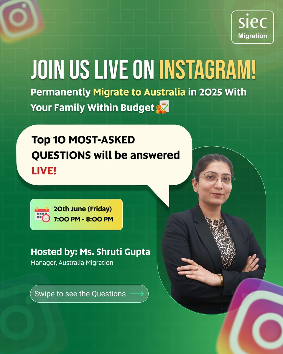 siecmigration's tweet photo. We’re answering the Top 10 most asked questions LIVE!
we've got real answers, not vague promises.
📍 20th June (Friday) | 7–8 PM
With Ms. Shruti Gupta, Manager – Australia Migration
Instagram Link: https://t.co/UZXQD3lHIs

#Australia #migration #live https://t.co/6X6CsxDnBP