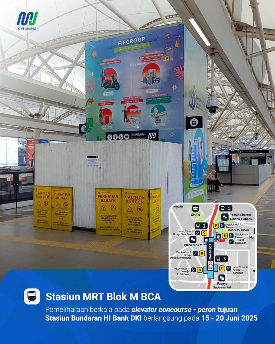 Informasi pemeliharaan berkala fasilitas elevator peron di Stasiun MRT Blok M BCA.

MRT Jakarta senantiasa memastikan keamanan dan kenyamanan mobilitas Teman MRT. Saat ini tengah berlangsung pemelihataan berkala pada fasilitas elevator concourse - peron arah Stasiun Bundaran HI