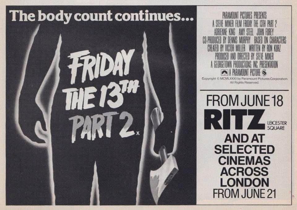 Forty-four years ago today, the body count continued at the Ritz Leicester Square… #FridayThe13thPart2 #FridayThe13th #1980s #film #films #SteveMiner #AdrienneKing #AnySteel #JohnFurey #HorrorMovies #horror #JasonVoorhees