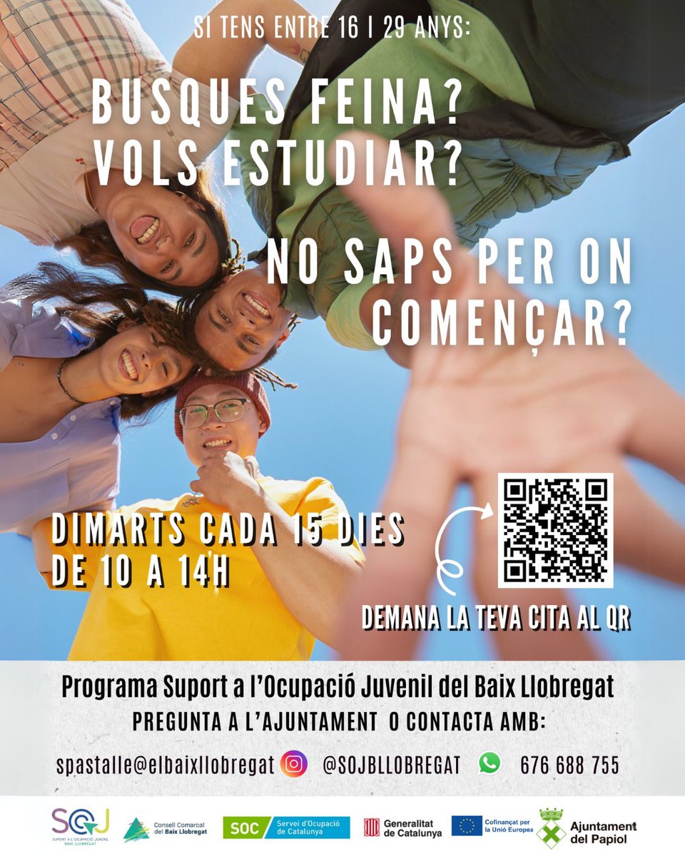 🔹 Suport a l'Ocupació Juvenil 
ℹ️Si vols rebre atenció personalitzada, pots demanar cita prèvia escanejant el QR del cartell o contactant directament amb l'OPEP a través del correu papiol.borsatreball@elpapiol.cat.