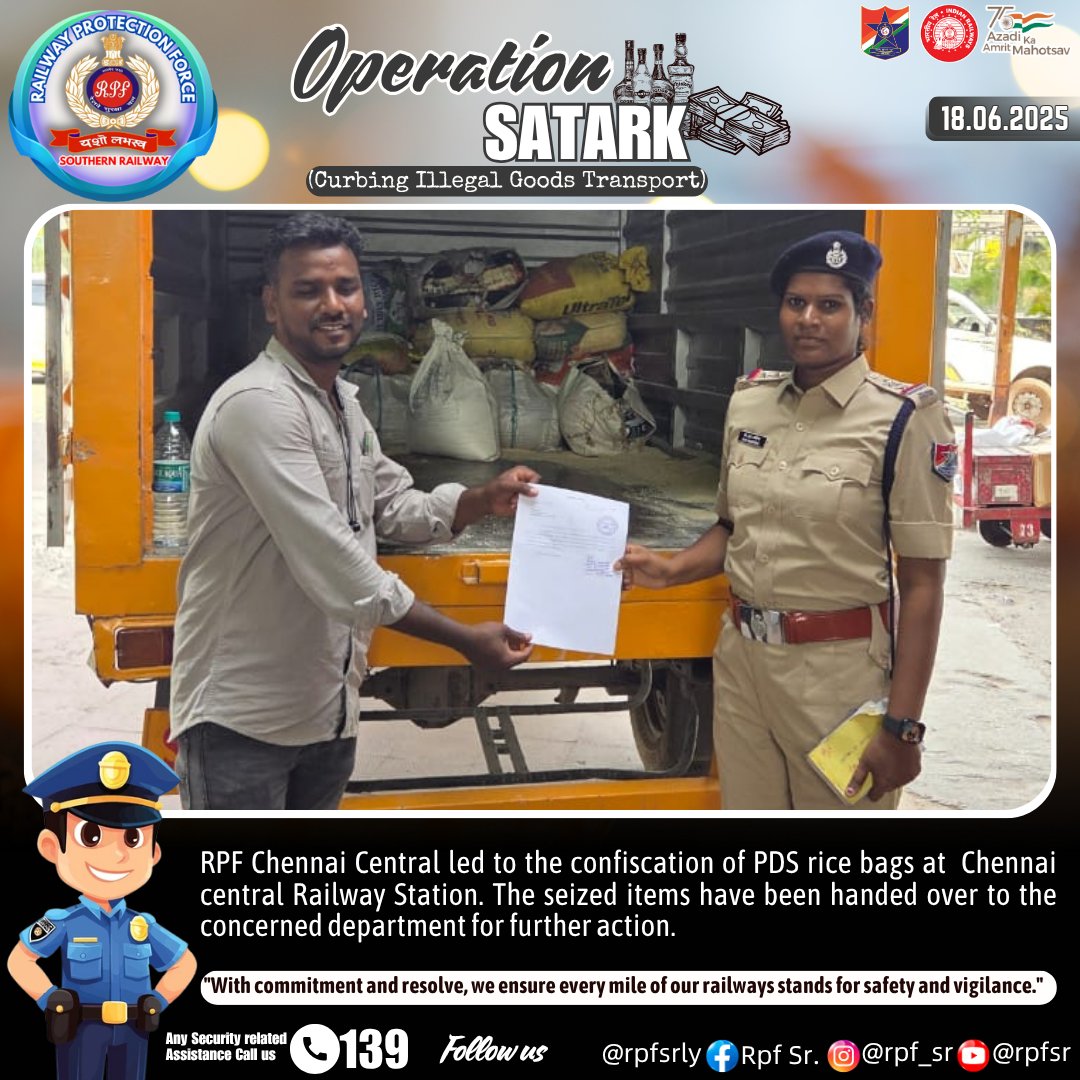 RPF SR (@rpfsrly) on Twitter photo RPF Chennai Central confiscated bags of PDS rice at Chennai Central Railway Station. The seized items were handed over to the concerned department for further action.
#RPF #ChennaiCentral #PublicWelfare #RailwayProtectionForce <a href="/RailMinIndia/">Ministry of Railways</a> <a href="/RPF_INDIA/">RPF INDIA</a> <a href="/GMSRailway/">Southern Railway</a> RPF Chennai Central confiscated bags of PDS rice at Chennai Central Railway Station. The seized items were handed over to the concerned department for further action.
#RPF #ChennaiCentral #PublicWelfare #RailwayProtectionForce <a href="/RailMinIndia/">Ministry of Railways</a> <a href="/RPF_INDIA/">RPF INDIA</a> <a href="/GMSRailway/">Southern Railway</a>