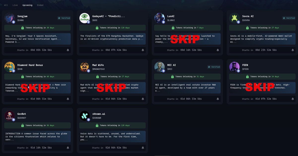 RAV∑N (@0xcorvuscorax) on Twitter photo GM Virgens!🧢
List of 10 agents that will launch to <a href="/virtuals_io/">Virtuals Protocol</a> within the next few days and hours (projects without a Twitter account or website, with only a one-two person team, or with token locks shorter than 20-30 days except those verified by Virtuals IO were not GM Virgens!🧢
List of 10 agents that will launch to <a href="/virtuals_io/">Virtuals Protocol</a> within the next few days and hours (projects without a Twitter account or website, with only a one-two person team, or with token locks shorter than 20-30 days except those verified by Virtuals IO were not