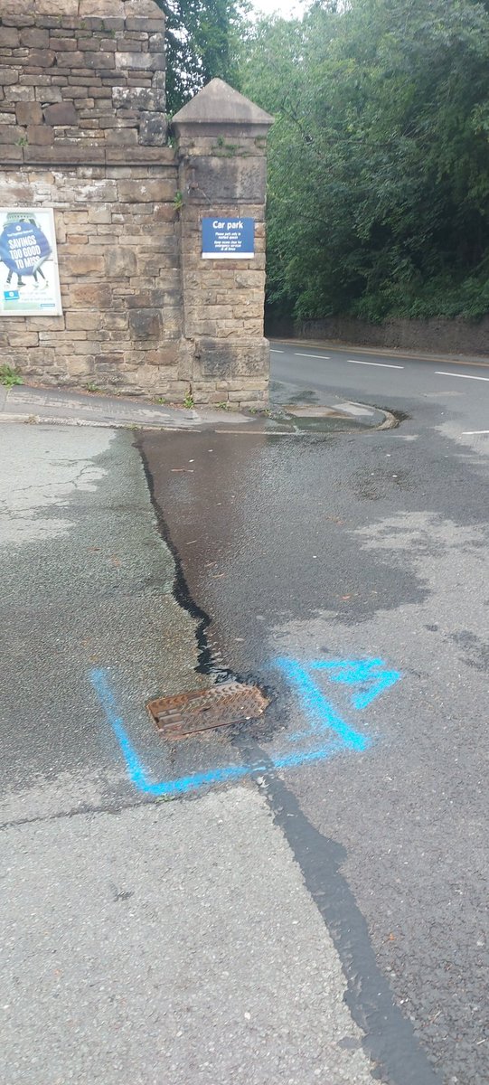 Hey <a href="/unitedutilities/">United Utilities</a> this leak has been pouring water out of the entrance to Marple train station car park for a month now. Repeated application of blue marker aren't stopping the water flow. When we get a hose pipe ban it wont be through lack of rainfall but UUs unresponsiveness